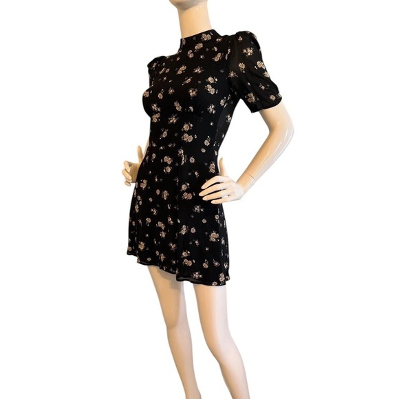 Reformation Black Floral Mock Neck Puff Sleeve Mini Dress Size 2 - Picture 7 of 15